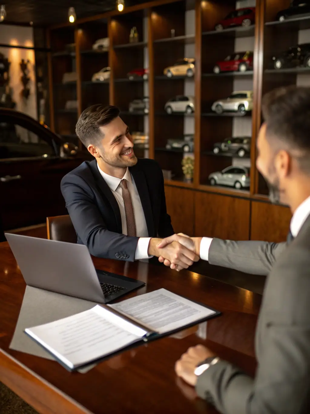 A consultant shaking hands with a satisfied client in front of a luxury car dealership, symbolizing a client-focused approach and successful partnership.