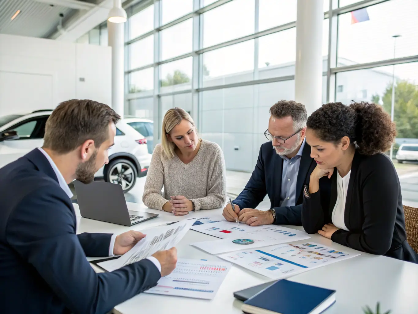 A professional team is shown analyzing vehicle export logistics with international shipping containers in the background, representing Dual Drive's vehicle export consulting services.