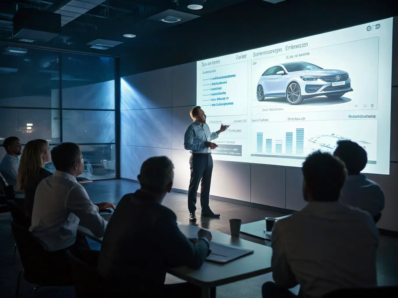 A senior consultant is presenting strategic insights to automotive executives in a boardroom, highlighting the importance of informed decision-making for long-term business growth.