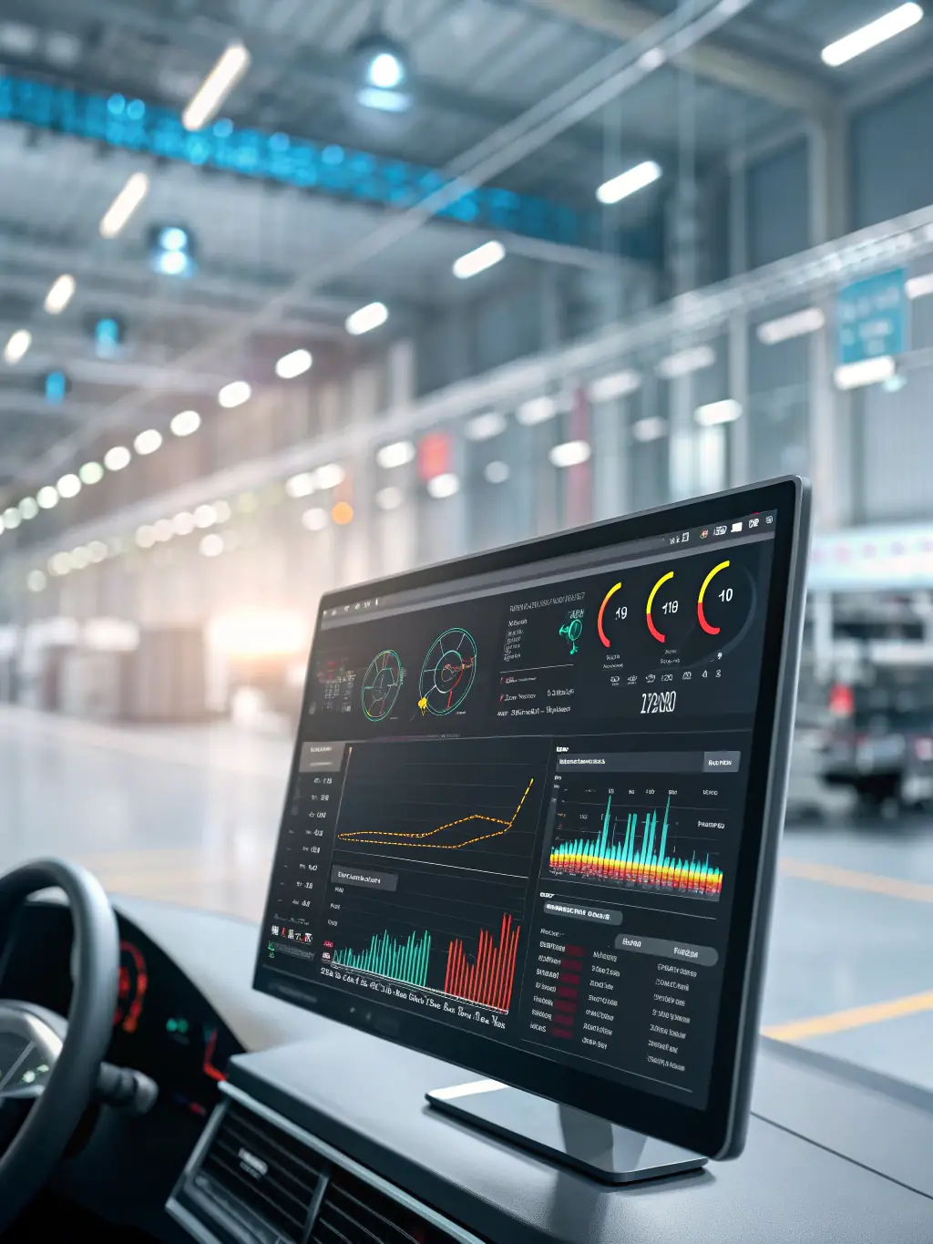 An AI-powered dashboard displaying automated workflows and optimized processes in an automotive service center, highlighting Dual Drive's AI-driven automation capabilities.
