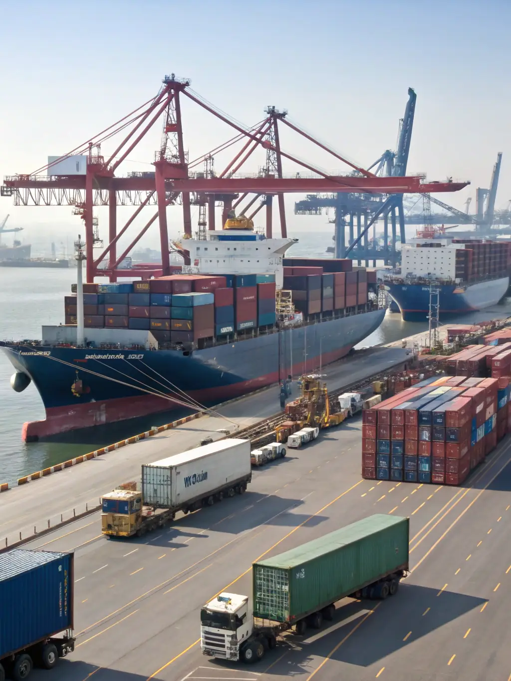 A modern cargo ship loaded with various vehicles, including cars and trucks, ready for international export, under a clear blue sky, symbolizing Dual Drive's vehicle export consulting services.
