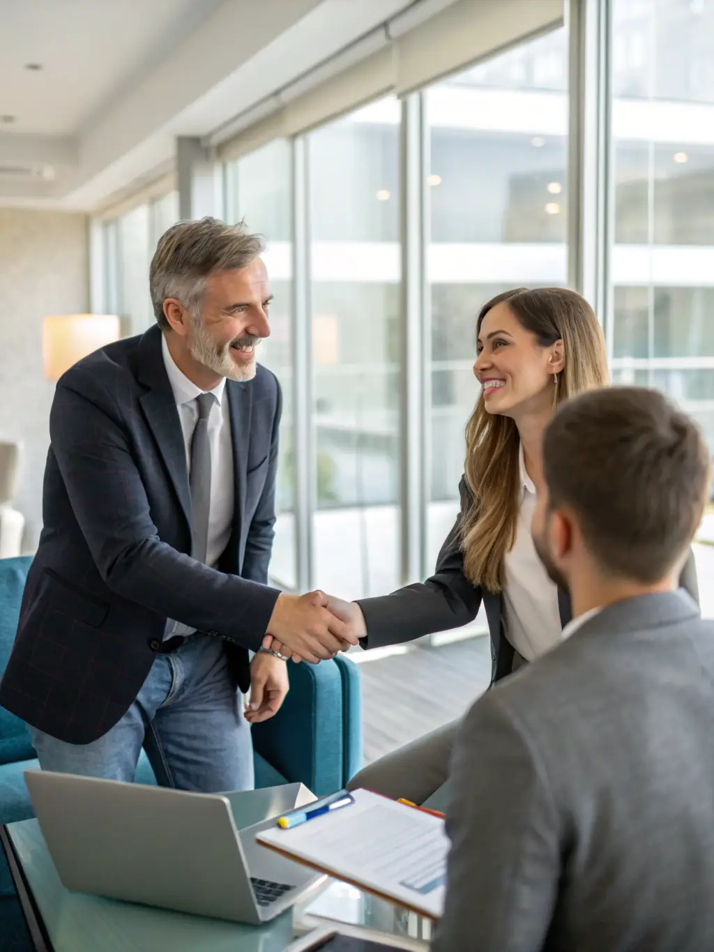 A consultant shaking hands with a satisfied client in an automotive showroom, emphasizing Dual Drive's client-focused approach.