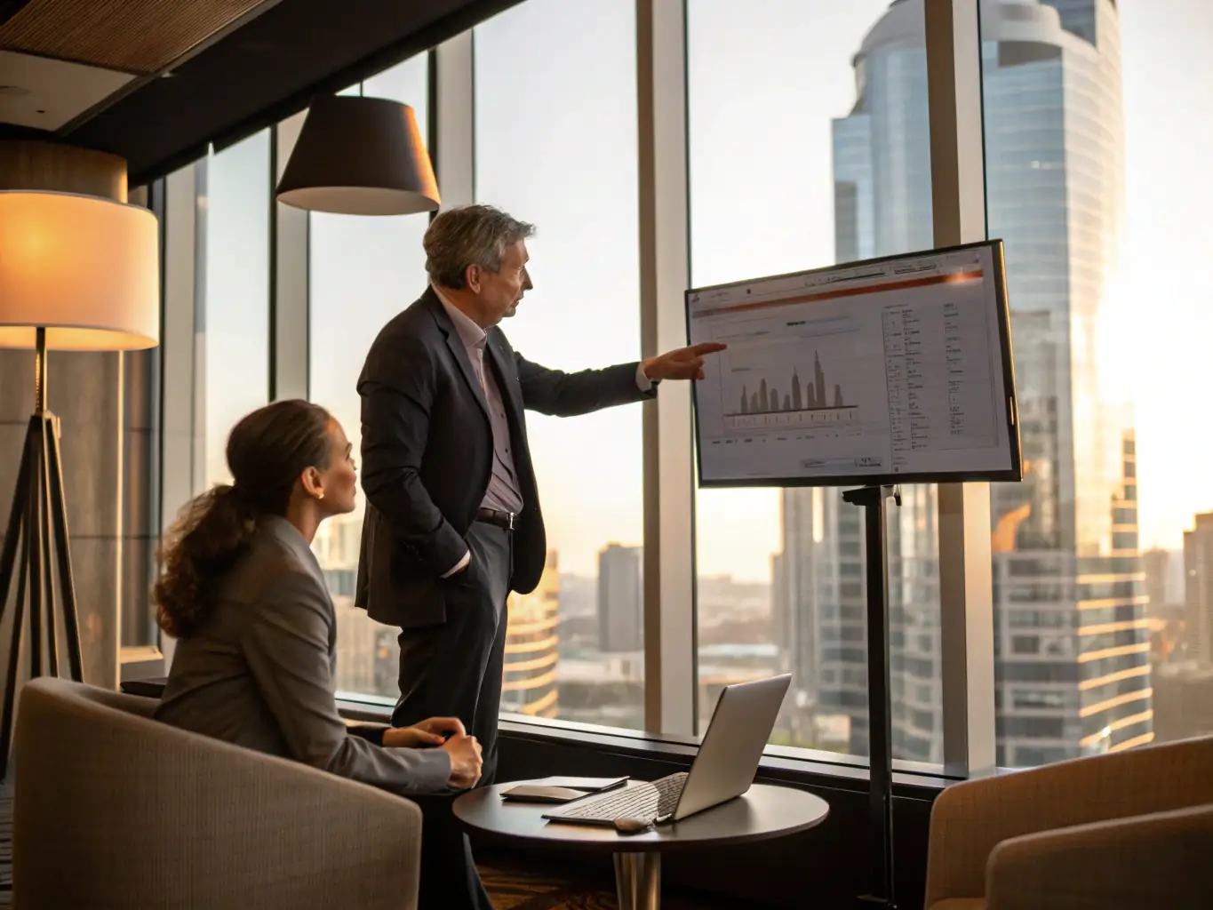 A consultant is presenting strategic plans to clients in a modern office setting, symbolizing Dual Drive's strategic advisory services.