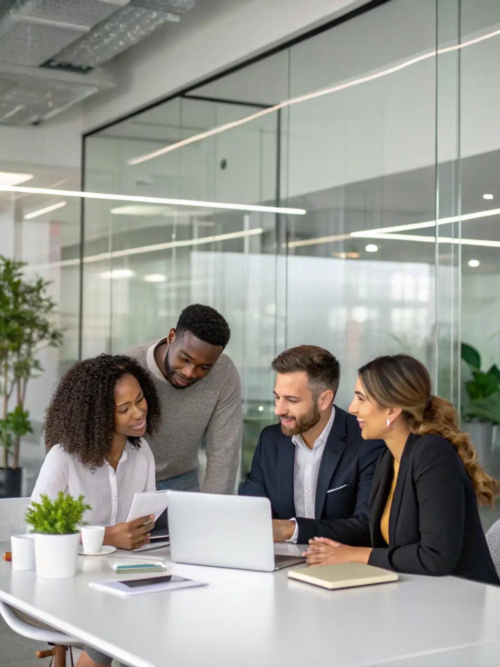 A close-up shot of a diverse team of Dual Drive consultants collaborating in a modern office, emphasizing their industry expertise and teamwork.